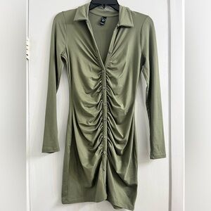 Olive Green Ruched Button-Down Dress